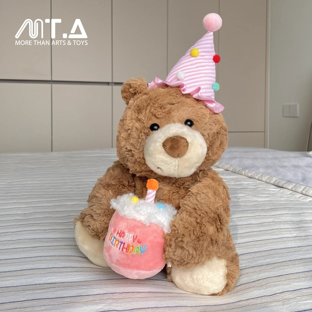 Happy Birthday Teddy Bear Plush - Pink Hat with Cake